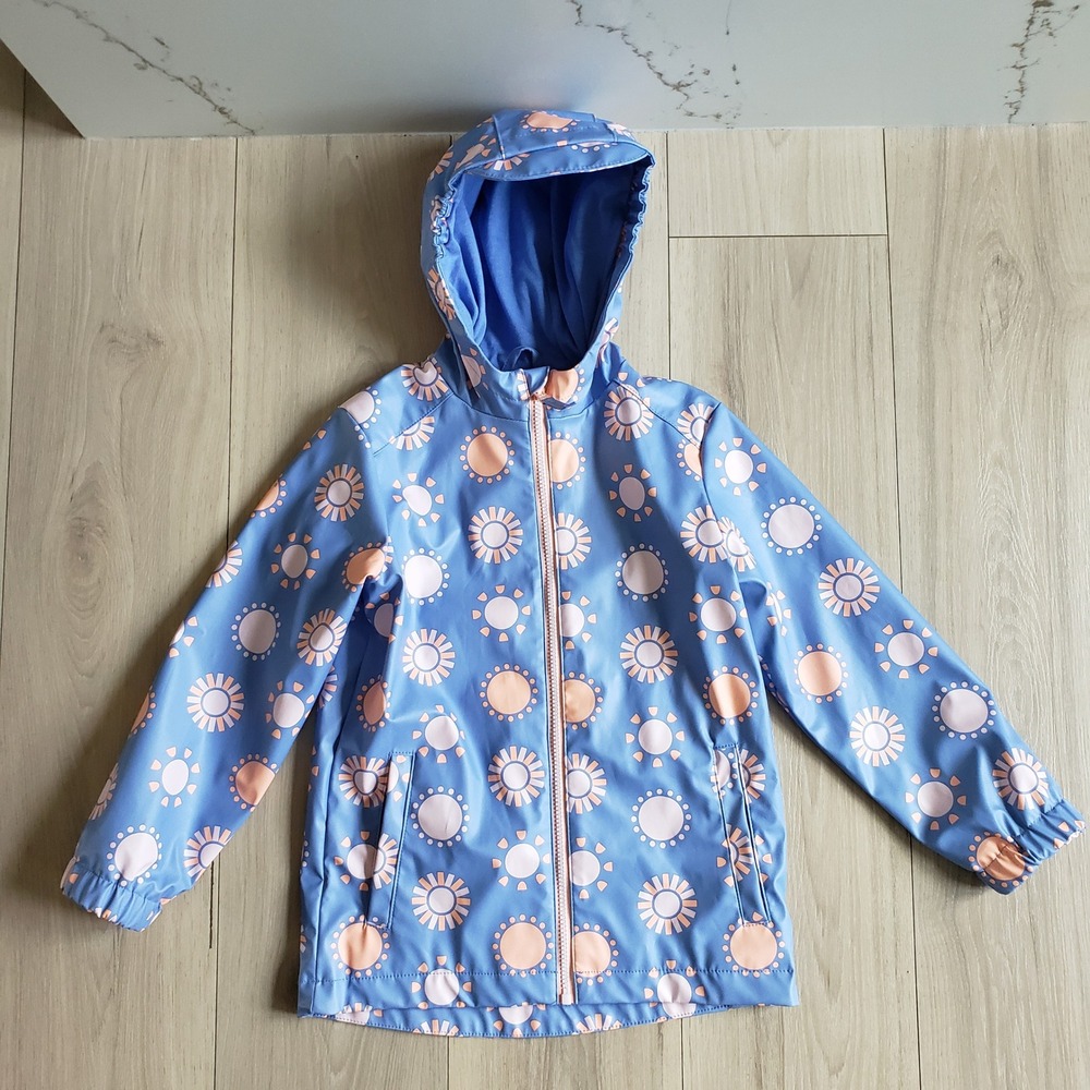 Cat and Jack Rain Jacket Girls Small Blue Sun Print Hooded Raincoat